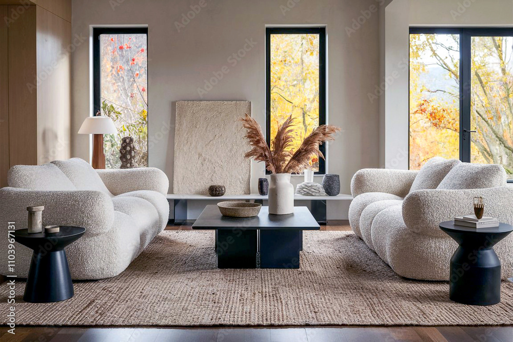 Fototapeta premium Elegant living room setup with high-quality wood floors a lush rug and chic furniture for a warm yet stylish atmosphere.