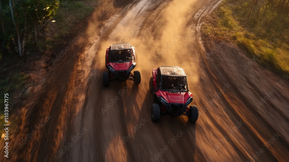 Two red off-road vehicles are racing on a dirt track at sunset, kicking up dust and creating a sense of speed and adventure Two red off-road vehicles are racing on a dirt track at sunset, kicking up dust and creating a sense of speed and adventure