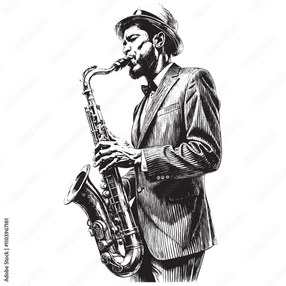 Naklejka premium man playing saxophone sketch hand dawn drawing vector illustration