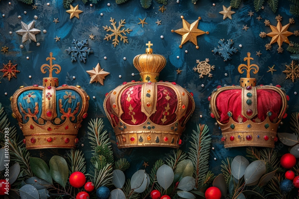 Fototapeta premium Luxurious crowns adorned with festive ornaments, berries, and glittering stars, set against a winter-themed backdrop for seasonal celebrations.