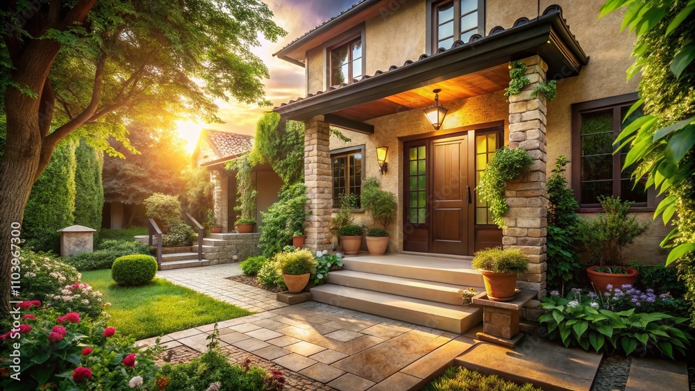 Naklejka premium Vintage Style Photography of a Serene Real Estate Property Exterior Captured in Warm Sunlight with Natural Earthy Tones Highlighting Tranquil Living Spaces