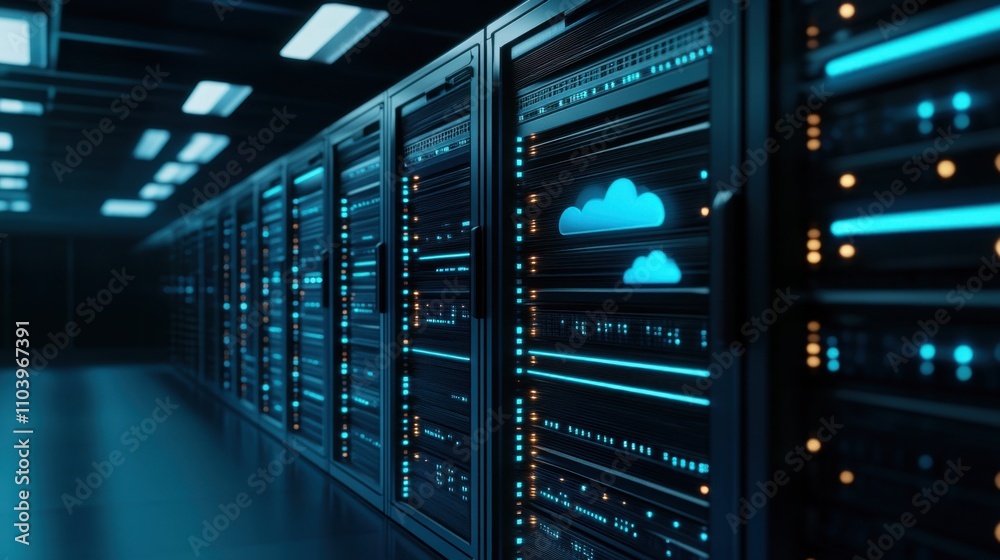 Row of servers in a data center with a cloud icon glowing on one of them, representing the concept of cloud computing Row of servers in a data center with a cloud icon glowing on one of them, representing the concept of cloud computing