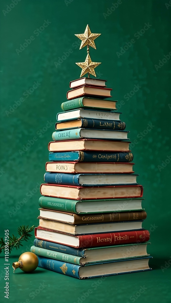 Creative holiday book stack arranged like a Christmas tree with decorations and a green background Creative holiday book stack arranged like a Christmas tree with decorations and a green background