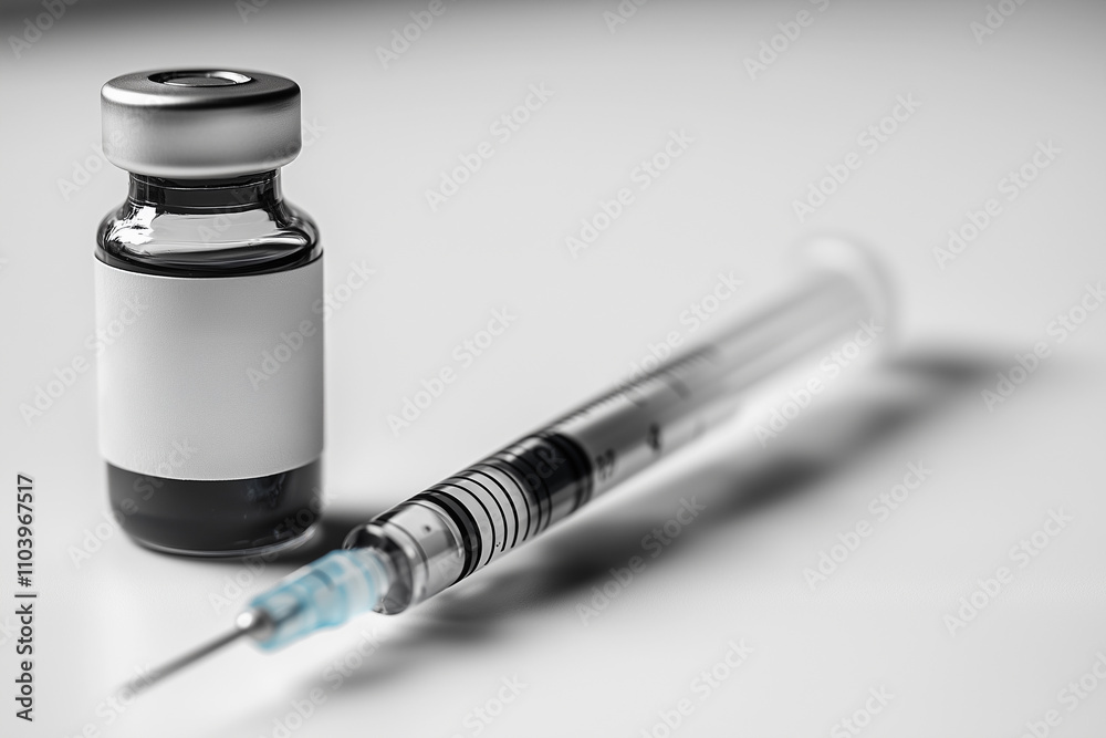 A syringe and vial are shown, representing vaccination and medical procedures, with a focus on health and safety. A syringe and vial are shown, representing vaccination and medical procedures, with a focus on health and safety.