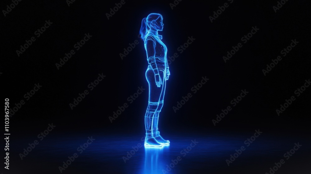 Neon blue holographic outline of a person standing against a dark background Neon blue holographic outline of a person standing against a dark background