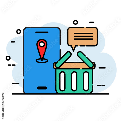 Shopping via mobile phone Online shopping design, flat lines on white background.