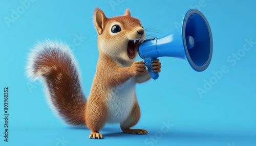 Cartoon squirrel amplifying positive messages with a megaphone against a blue background photo