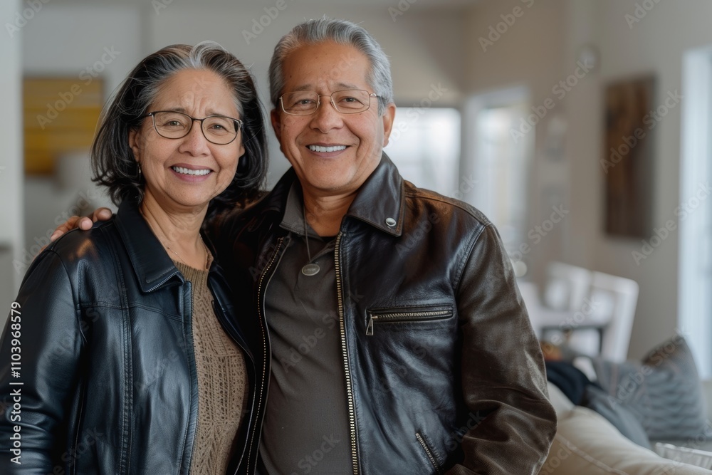Portrait of a jovial mixed race couple in their 60s sporting a classic leather jacket in crisp minimalistic living room Portrait of a jovial mixed race couple in their 60s sporting a classic leather jacket in crisp minimalistic living room