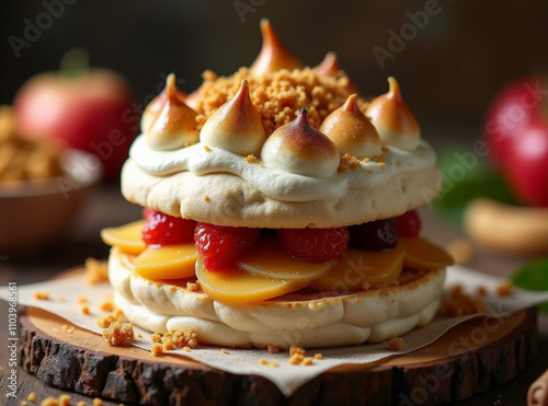 Apple Pie Pavlova with Cardamom Jamun Crumble,  Fusion menu ideas, desserts foods fusion  photo