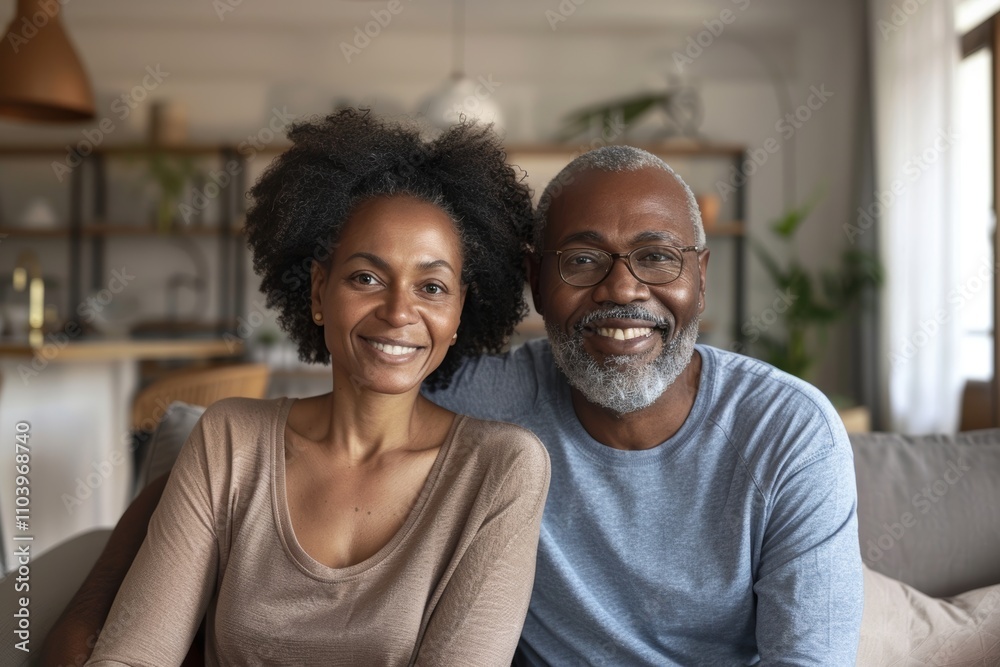 Portrait of a tender multicultural couple in their 60s showing off a lightweight base layer in front of crisp minimalistic living room Portrait of a tender multicultural couple in their 60s showing off a lightweight base layer in front of crisp minimalistic living room