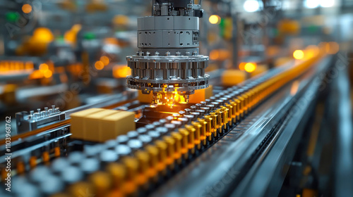 Close-up of an automated industrial machine on a production line with glowing components, showcasing modern manufacturing technology