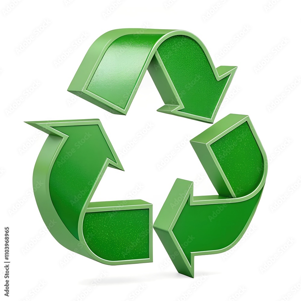Obraz premium A 3D rendering of a green recycling symbol with interlocking arrows, representing sustainability and environmental conservation.