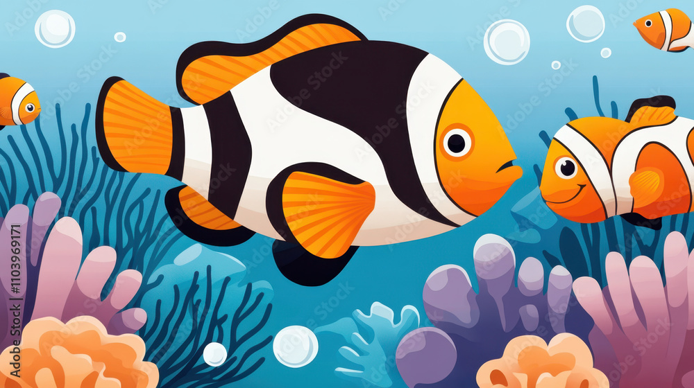 Fototapeta premium Reef Exploration and Underwater Photography. A vibrant underwater scene featuring clownfish swimming among colorful corals and bubbles in a bright blue ocean.