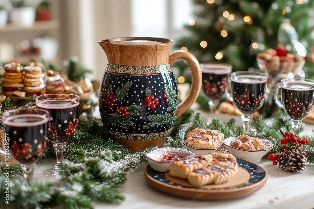 Festive table with mugs, glasses, plates of Christmas treats, mulled wine jug, glitter accents, spruce garlands, and wreaths, red, black, navy, and green colors. Festive table with mugs, glasses, plates of Christmas treats, mulled wine jug, glitter accents, spruce garlands, and wreaths, red, black, navy, and green colors.