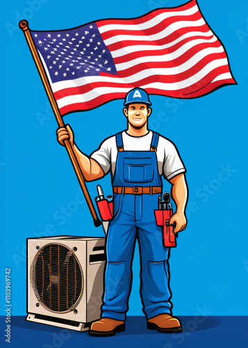 A USA flag, HVAC tech tools, work gear, and a blue background feature in this Labor Day HVAC service ad image concept illustration. photo