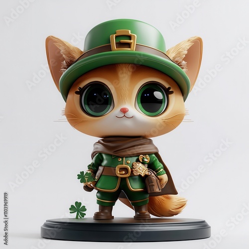 A cute, cartoonish cat character dressed in a leprechaun outfit, complete with a green hat and cloak, holding a shamrock.isolate on white background