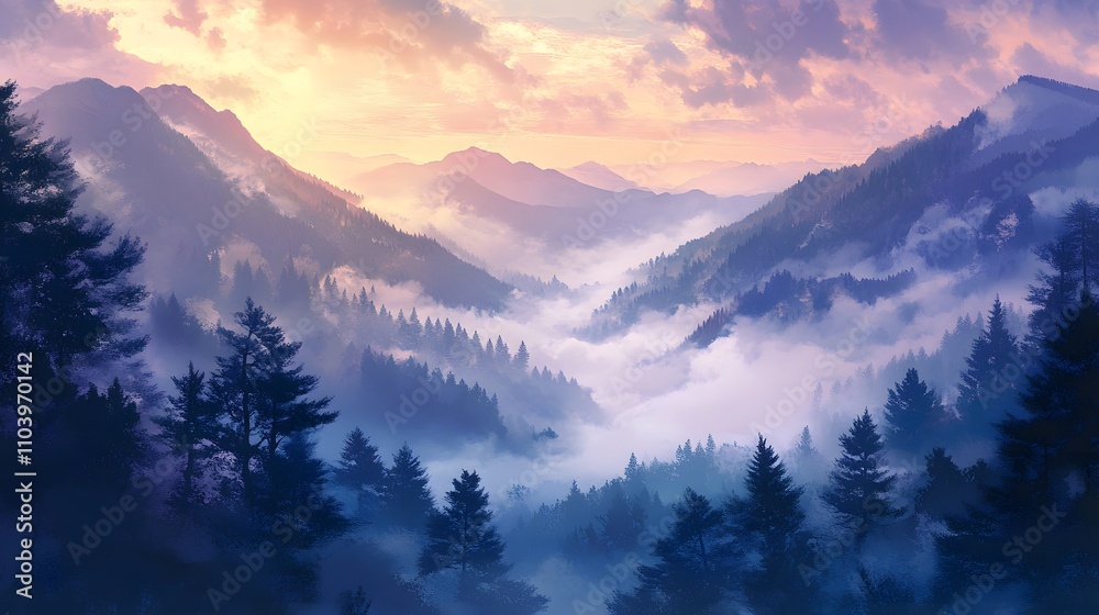 Obraz premium Serene Sunset Over Misty Mountain Valley Forest
