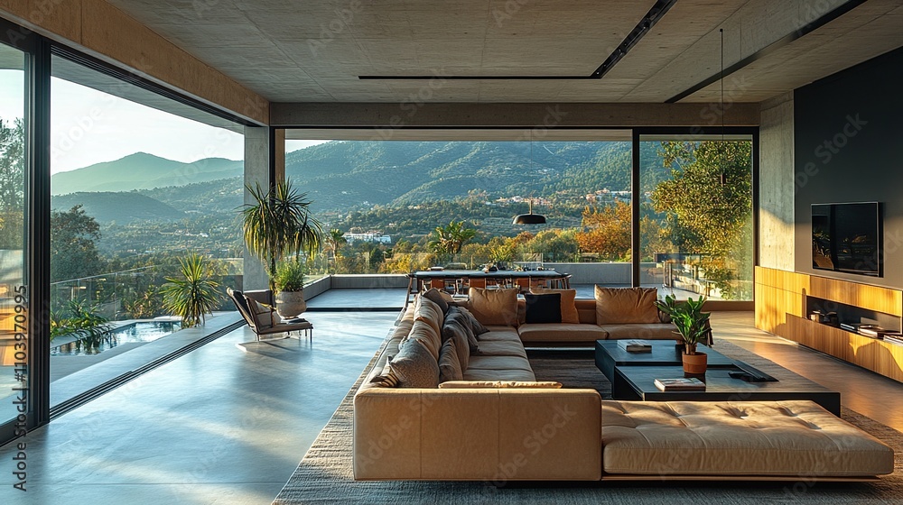 Modern living room with panoramic views of mountains and greenery. Modern living room with panoramic views of mountains and greenery.