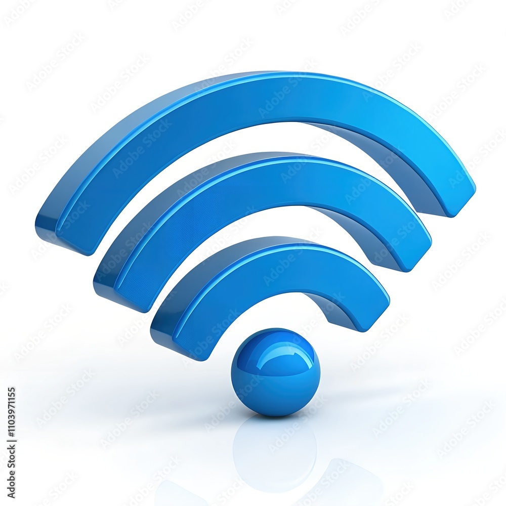 A glossy blue 3D Wi-Fi symbol set against a stark white background, representing wireless connectivity and modern technology. A glossy blue 3D Wi-Fi symbol set against a stark white background, representing wireless connectivity and modern technology.