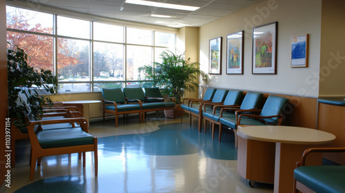 Bright and Inviting Waiting Room with Comfortable Seating and Natural Light in a Healthcare Facility, Featuring Large Windows and Lush Greenery