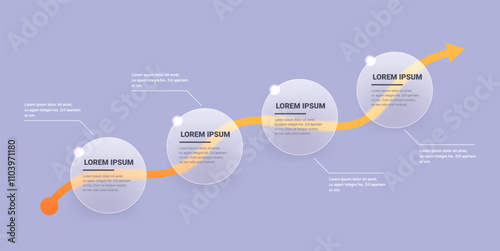 Glass morphism orange growing graph arrow with transparent rounds for text. Business strategy infographic template on gray background