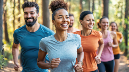 Joyful Group Running in Park - Fitness, Diversity, Friendship, Outdoors. Generative ai