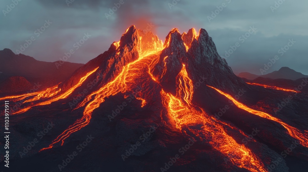 Fototapeta premium A dramatic volcanic eruption with flowing lava and rugged mountains in a moody atmosphere.