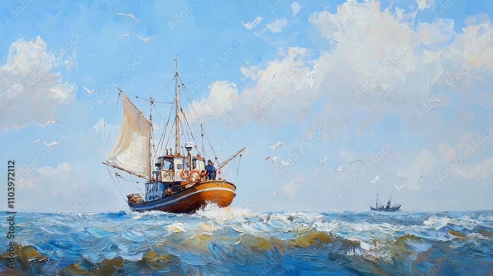 Obraz premium Fisherman at Work, vibrant oil painting depicting a fisherman on a small boat amidst a bustling sea landscape with ships in the distance, capturing the essence of maritime life.