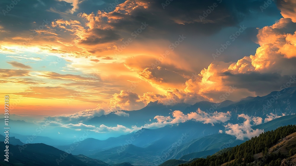 A Dreamy Sunset Over Mountain Peaks: Clouds and Colors in the Sky