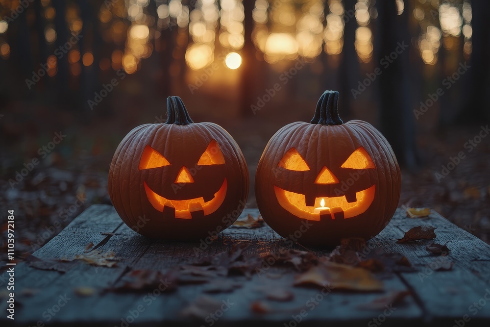 Fototapeta premium Halloween pumpkins with carved faces on wooden table, spooky forest backdrop at sunset, space for text, banner design.