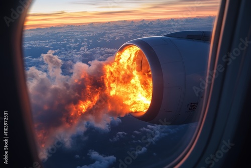 Dramatic aircraft engine fire captured from airplane window  a stunning aerial perspective