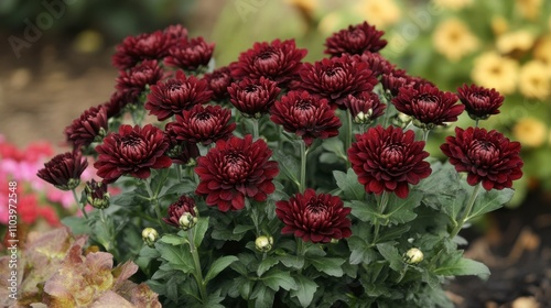 A bush of dark red chrysanthemums with multiple buds preparing to open in the garden.