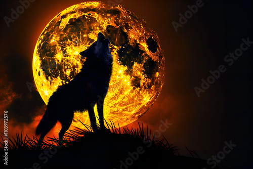 A dramatic depiction of a wolf silhouetted against a massive, fiery orange moon, The wolf stands proudly on a grassy hill, its head tilted upward in a powerful howl, a striking visual impact