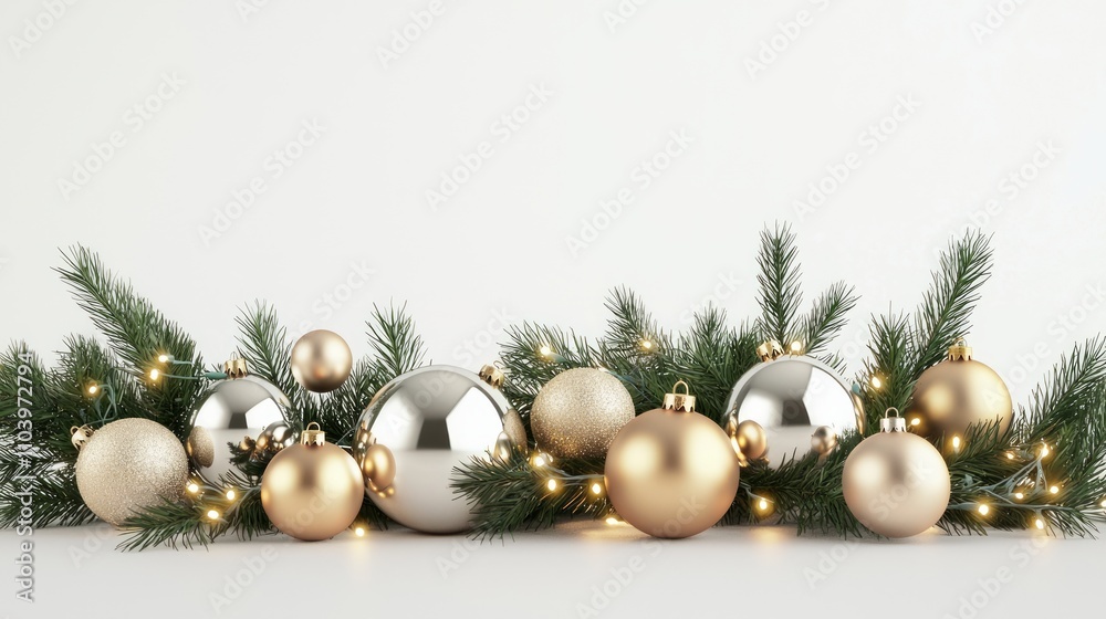 Glimmering Silver and Gold Bells with Evergreen Sprigs and Lights - Festive 3D Render on Isolated White Background Glimmering Silver and Gold Bells with Evergreen Sprigs and Lights - Festive 3D Render on Isolated White Background