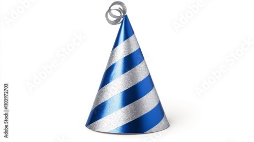 Blue and silver striped birthday party hat isolated on white