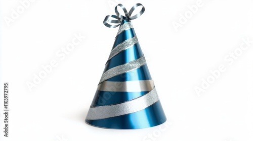 Blue and silver striped birthday party hat isolated on white