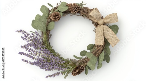 Natural Holiday Elegance - Lavender, Eucalyptus, Pinecones 3D Wreath on White Background