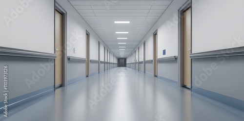 A clean, well-lit hospital corridor with doors on either side.