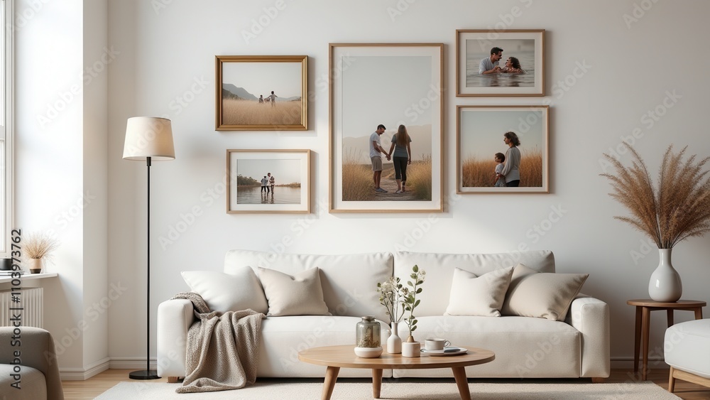 Obraz premium Family photo frame for living room gallery walls. Cozy living room with framed photos above a cream sofa, wooden coffee table, and tall lamp, creating a warm, nostalgic atmosphere.