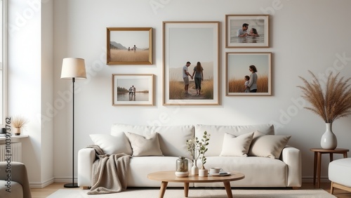 Family photo frame for living room gallery walls. Cozy living room with framed photos above a cream sofa, wooden coffee table, and tall lamp, creating a warm, nostalgic atmosphere.