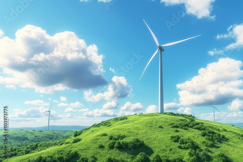 white wind turbine on green hill on blue summer sky.