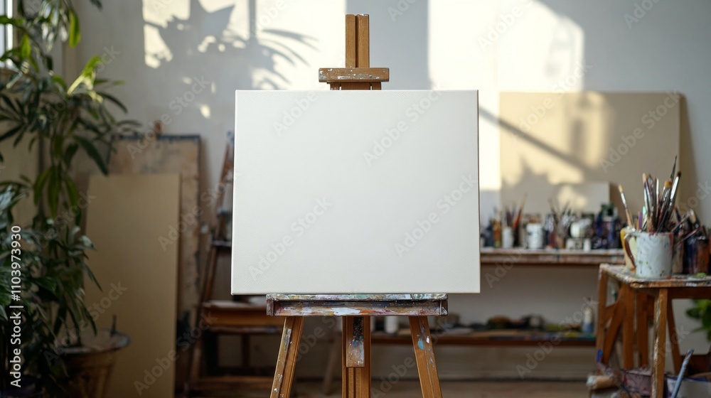 Blank Canvas on Easel in Art Studio: Ready for Inspiration Blank Canvas on Easel in Art Studio: Ready for Inspiration