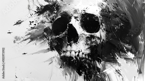 Black-and-white skull with expressive dynamic brushstrokes art digital. Chaotic splattered details skeleton wallpaper scene artwork. Death evil concept background image horizontal