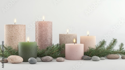 Festive Seasonal Holiday Candle Collection with Pine Needles and Stones on Isolated Background