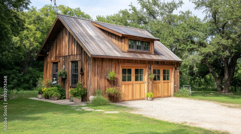 Rustic Wooden House with Garage Doors and Garden