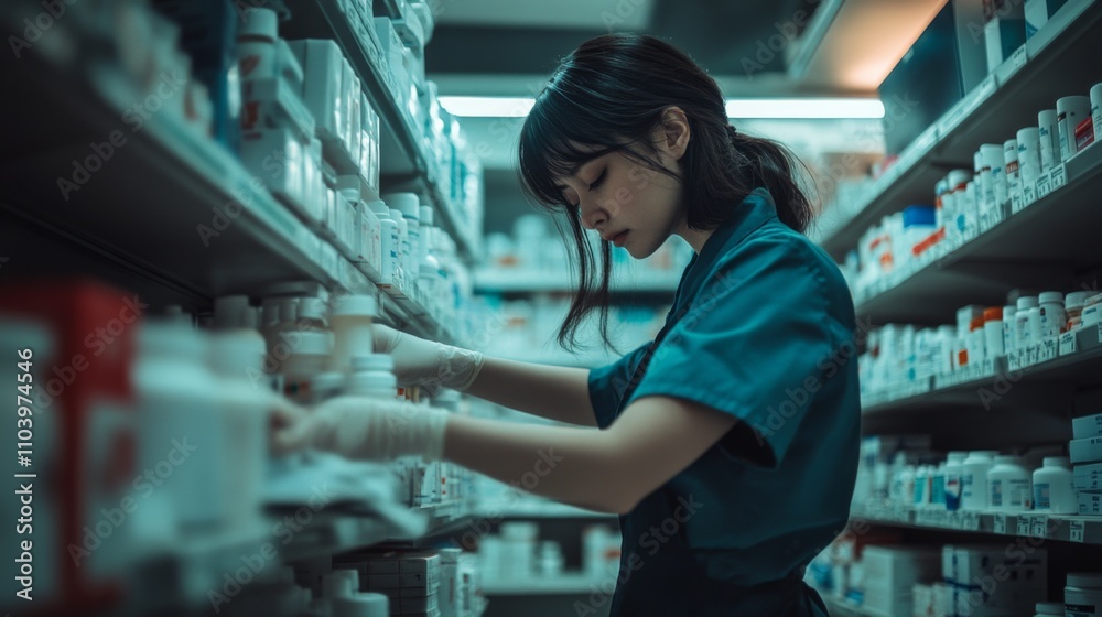 A focused young female pharmacist organizes shelves filled with medicine. She embodies dedication and professionalism in her work environment. Generative AI A focused young female pharmacist organizes shelves filled with medicine. She embodies dedication and professionalism in her work environment. Generative AI