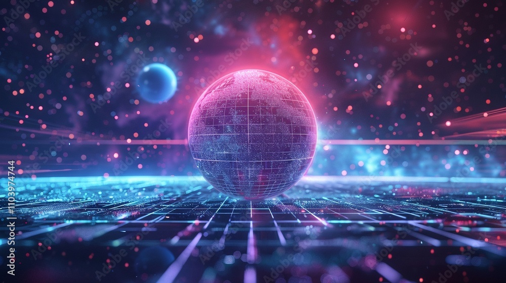 Fototapeta premium Luminous orb on neon grid landscape 3d rendering image. Retro-futuristic cosmos digital sphere background wallpaper colorful realistic. Virtual reality. Y2k retrowave concept idea