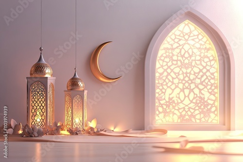 Islamic decoration background with mosque window waving ribbon lantern crescent, ramadan kareem, mawlid, iftar, isra miraj, eid al fitr adha, muharram, copy space text, 3D illustration. 