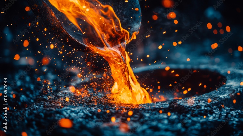 Fototapeta premium Fiery molten metal pours into a dark cast. The glow of the lava creates a mesmerizing scene full of motion and energy. A stunning display of craftsmanship and creation. Generative AI