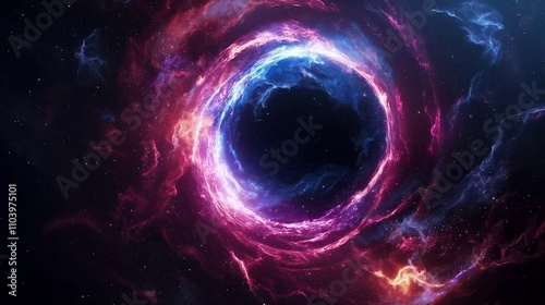 Wonderful black hole in purple mist image. High gravity location among deep space photography scene wallpaper. Dark wormhole void in starry sky concept photorealistic photo